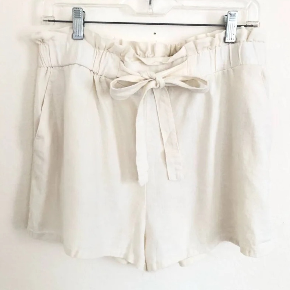 🌟 3/$20 Eligible! Ambiance Apparel High Waist Cream Linen Blend Shorts with Tie